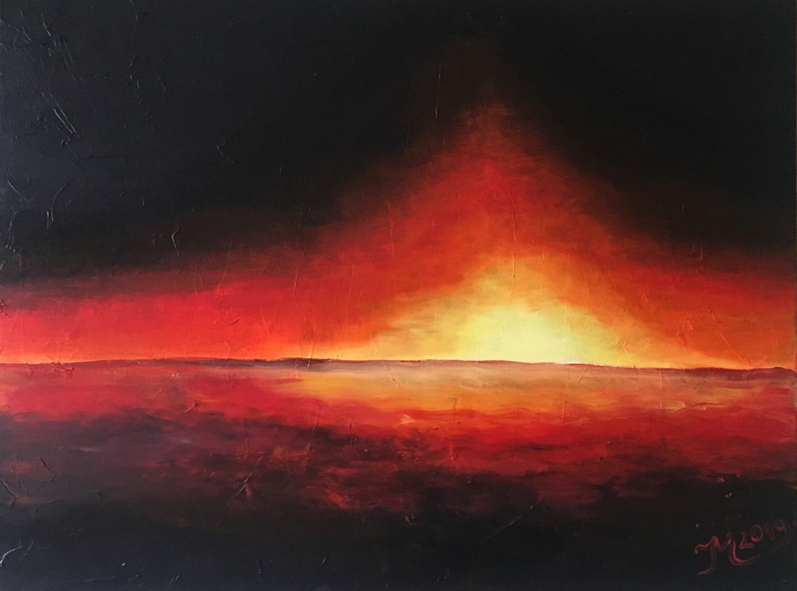 Abstract landscape painting of a glowing sunset or explosion-like light on the horizon, with deep red, orange, and yellow tones fading into a dark, almost black sky.