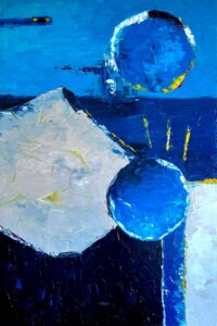 Textured abstract painting with bold palette knife strokes in deep blue, white, and black tones, featuring two circular shapes and sharp geometric contrasts