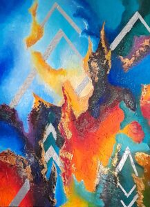 Abstract painting with bold red, orange, yellow, blue, and green tones, featuring dynamic textures and white geometric lines