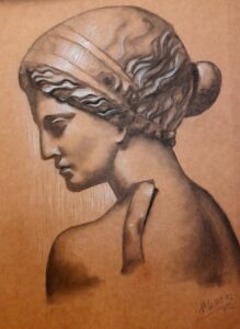 Realistic classical-style portrait of a woman in profile, inspired by ancient sculpture, rendered in warm sepia tones with detailed shading and a broken neck detail evoking fragility and timeless beauty.