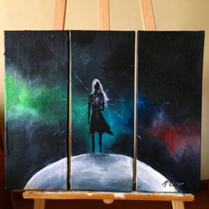 Triptych painting of a silhouetted figure standing on a glowing planet, surrounded by a cosmic background with stars, nebula-like colors, and light radiating from the figure’s chest.