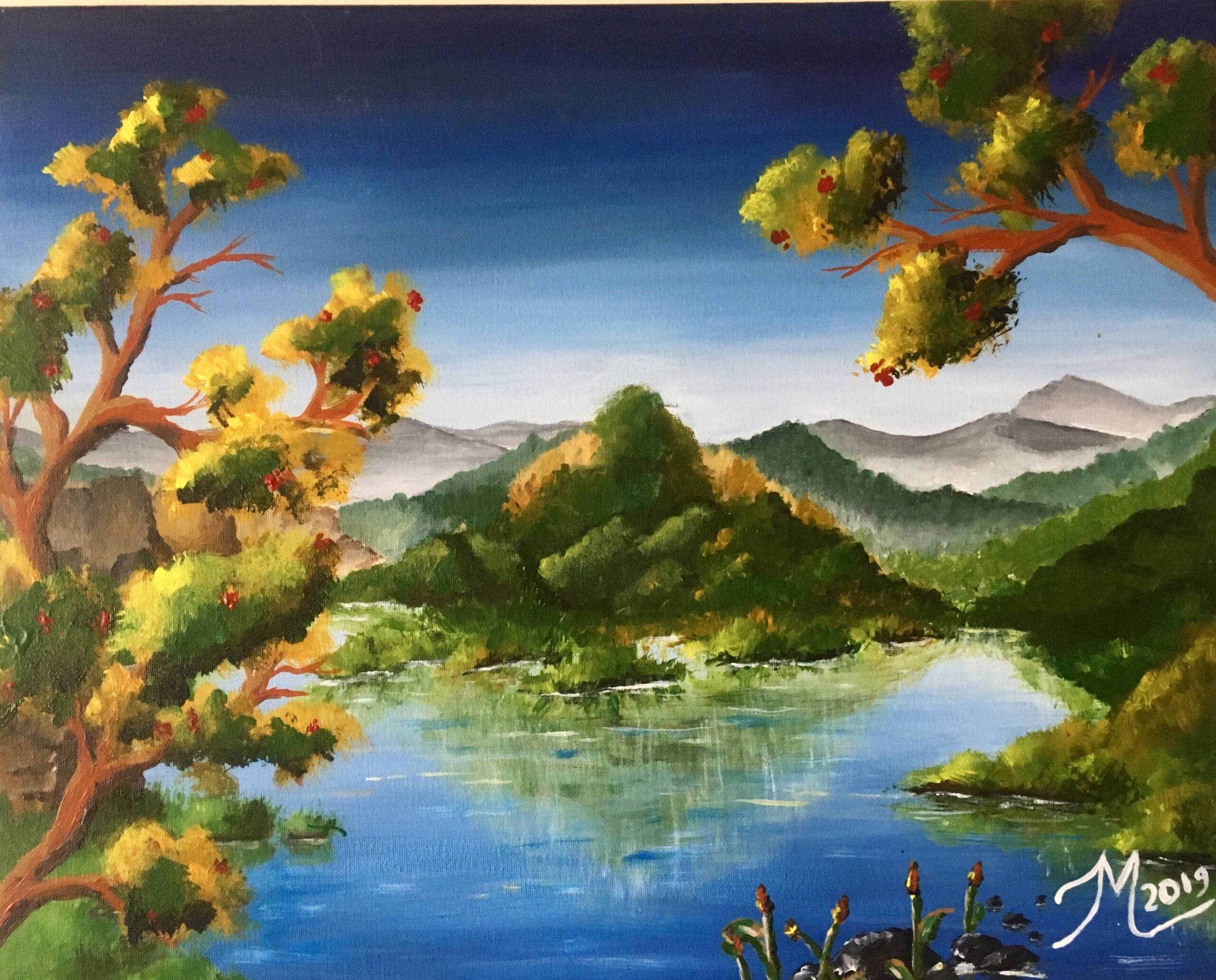 Landscape painting of a peaceful lake surrounded by green hills and distant mountains, with trees full of yellow-green foliage and red berries framing the scene under a clear blue sky