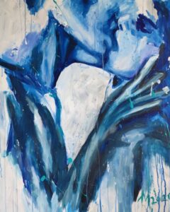 : Abstract painting in shades of blue and white depicting a close-up of a passionate kiss, with expressive brushstrokes, dripping paint, and fluid hand shapes conveying intimacy and movement.