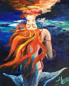 Fantasy painting of a mermaid floating underwater, with long flowing red-orange hair reaching toward the surface, surrounded by deep blue and turquoise tones reflecting light and movement.