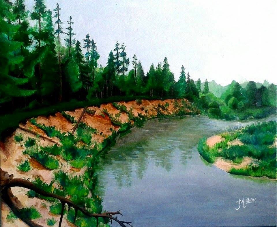 Realistic landscape painting of a quiet river bending through green forested hills, with tall pine trees and sandy riverbanks under a soft, overcast sky.