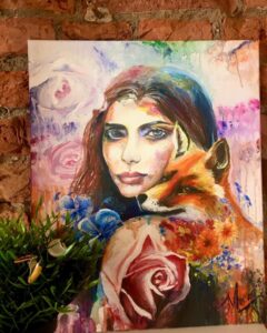 Colorful mixed-media-style portrait of a woman with intense eyes, surrounded by roses, blue flowers, and a fox resting close to her face. The composition blends nature, femininity, and symbolism in a dreamlike atmosphere.