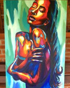 old, colorful portrait painting of a woman embracing herself with eyes closed, her skin glowing in vivid reds, oranges, and blues against a green abstract background—evoking emotion and self-connection.