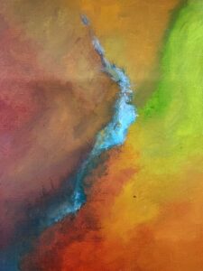 Abstract painting with a flowing streak of cool blue cutting through warm orange, red, and green color fields, creating a sense of motion and contrast across textured brushstrokes.