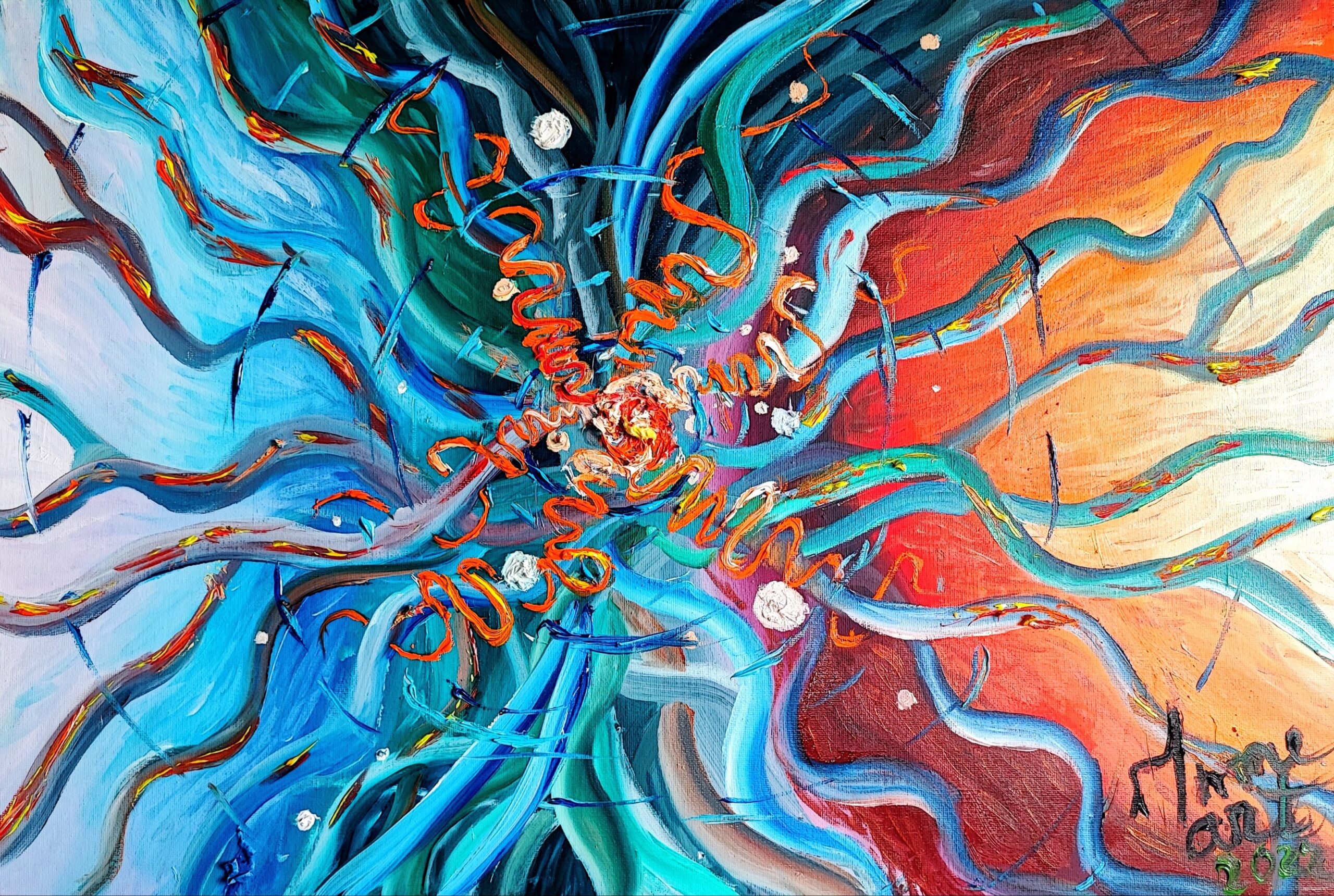 A dynamic abstract painting bursting with energy and movement. Radiating from a vivid central core, bold swirling strokes of red, blue, teal, and orange spiral outward like electric currents or tangled roots. Red coils and textured white blobs punctuate the flow, creating contrast and depth. The right side glows with warm tones, while the left side cools into blues and greens. The artist's signature appears in the bottom right corner, dated 2023