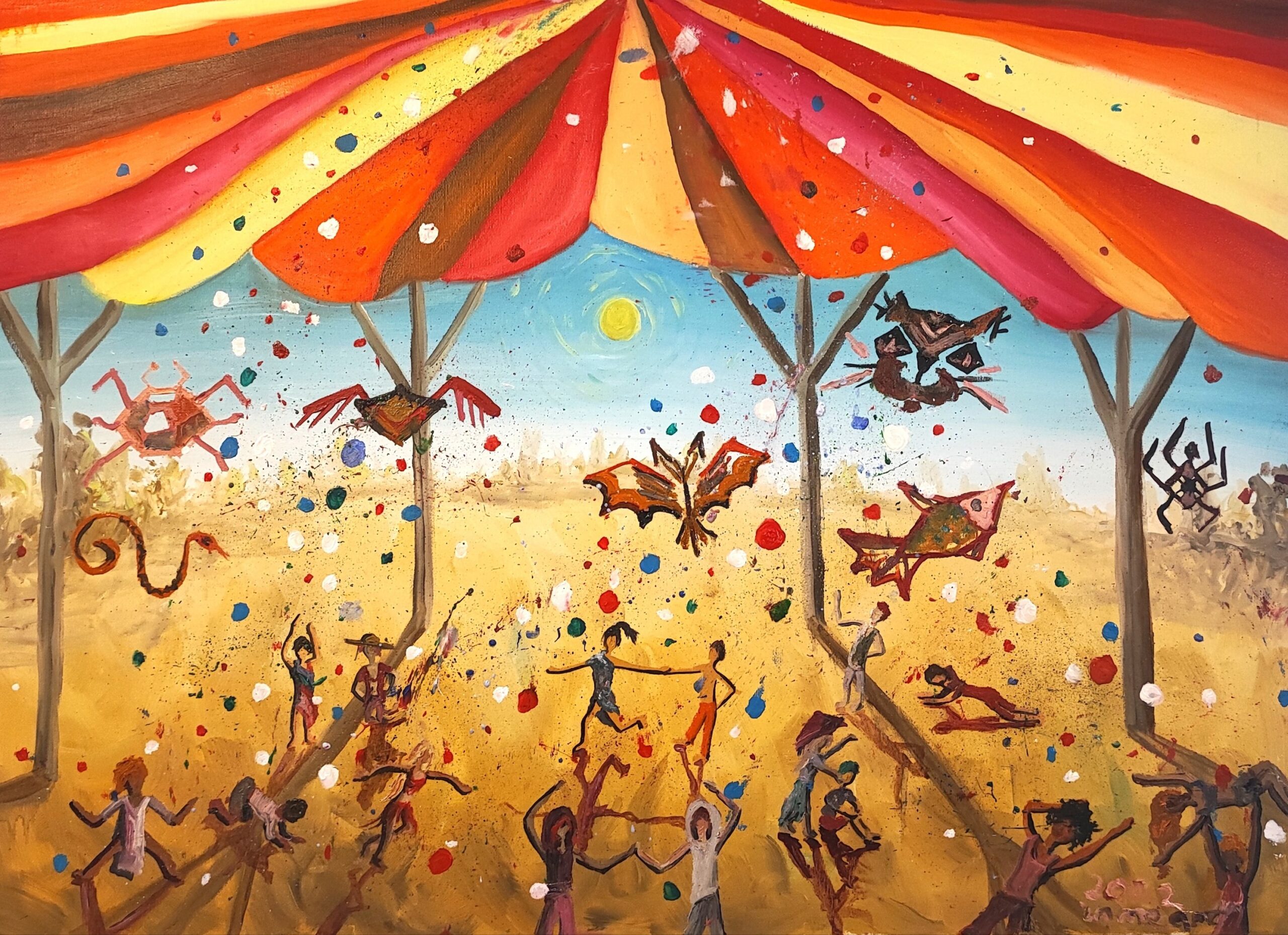 Colorful painting of a playful festival scene under a striped red and yellow canopy, featuring dancing figures, acrobats, and fantastical flying creatures amid scattered confetti, all set in a glowing desert landscape.