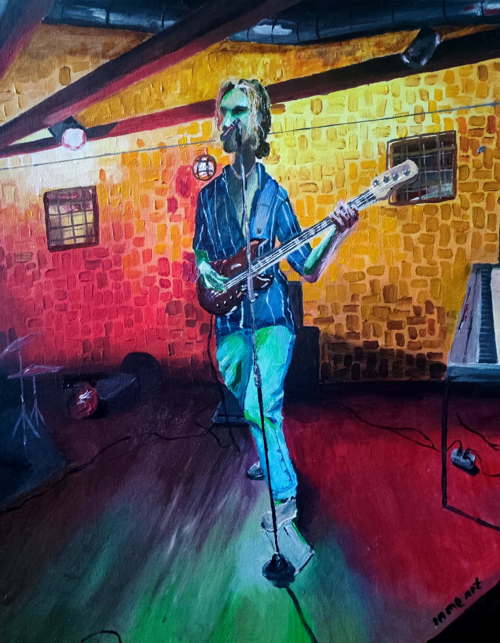 a painting of a man playing guitar in a room