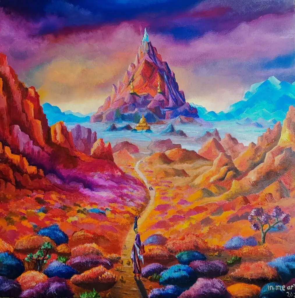 antasy landscape painting of a glowing red mountain with golden temples, surrounded by colorful rocky hills and a vibrant path with small human figures walking toward the peak under a dramatic sky.