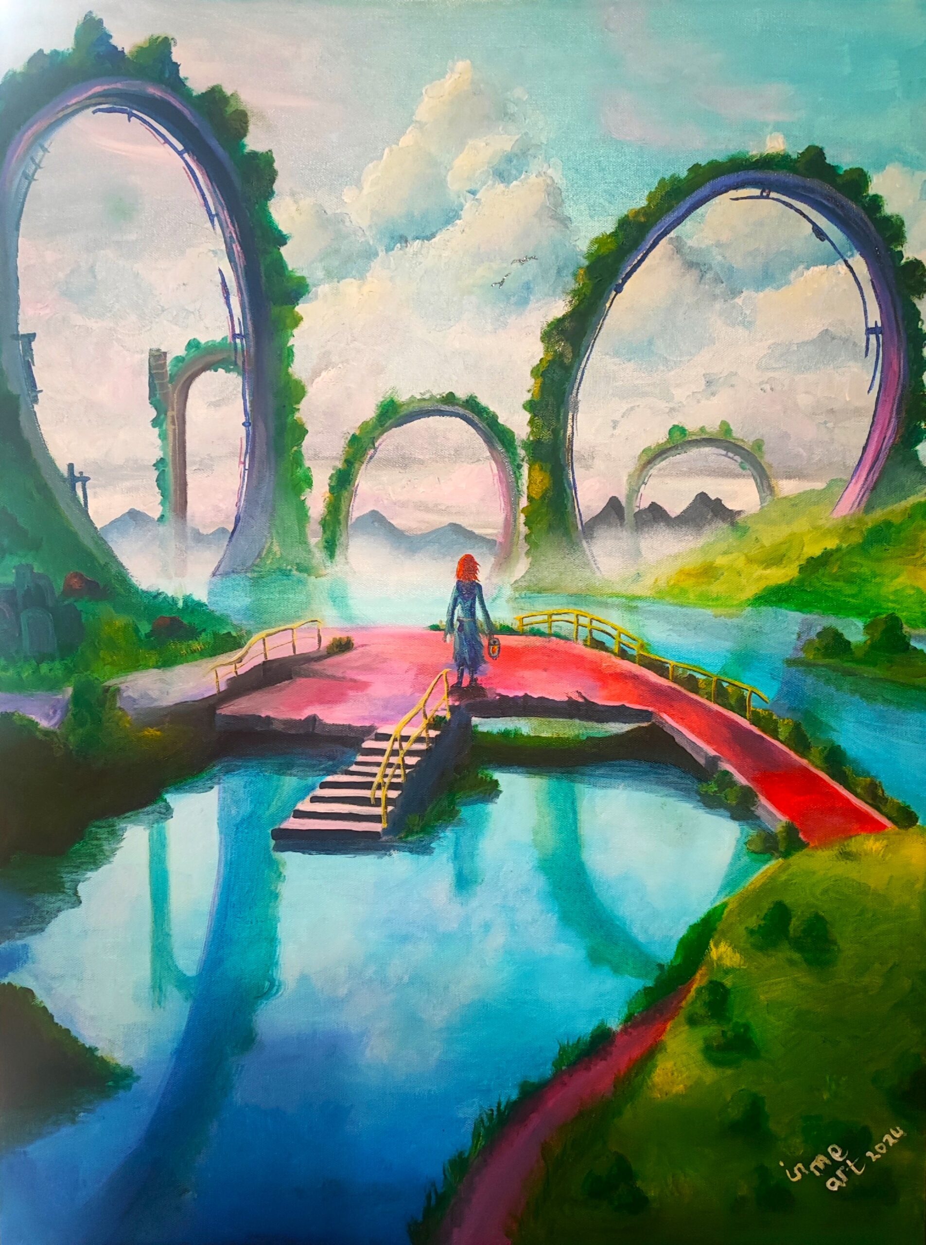 Surreal oil painting of a red-haired figure standing on a vibrant red bridge surrounded by serene waters and distant mountains. Towering circular ruins covered in greenery rise from the misty landscape, creating a dreamy, otherworldly atmosphere. The sky is soft with pastel clouds, and reflections in the water enhance the sense of tranquility and wonder. The figure stands poised at the center, gazing toward the horizon, evoking a sense of journey or self-discovery. Signed 'in me art 2024' in the bottom right corner.