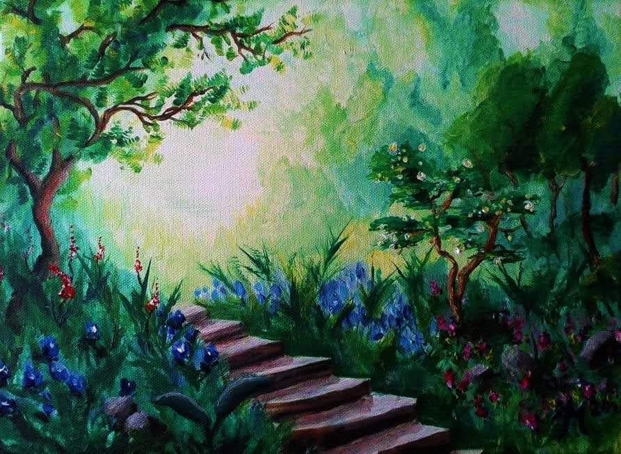 Whimsical landscape painting of a garden path with stone steps leading through vibrant greenery, blooming flowers, and softly glowing light filtering through the trees.