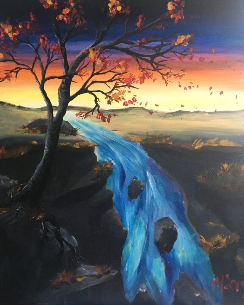 Painting of a surreal autumn landscape featuring a bold, twisting tree with red-orange leaves, a vivid blue river flowing through dark rocky ground, and a colorful sunset sky blending deep blue, purple, and golden hues
