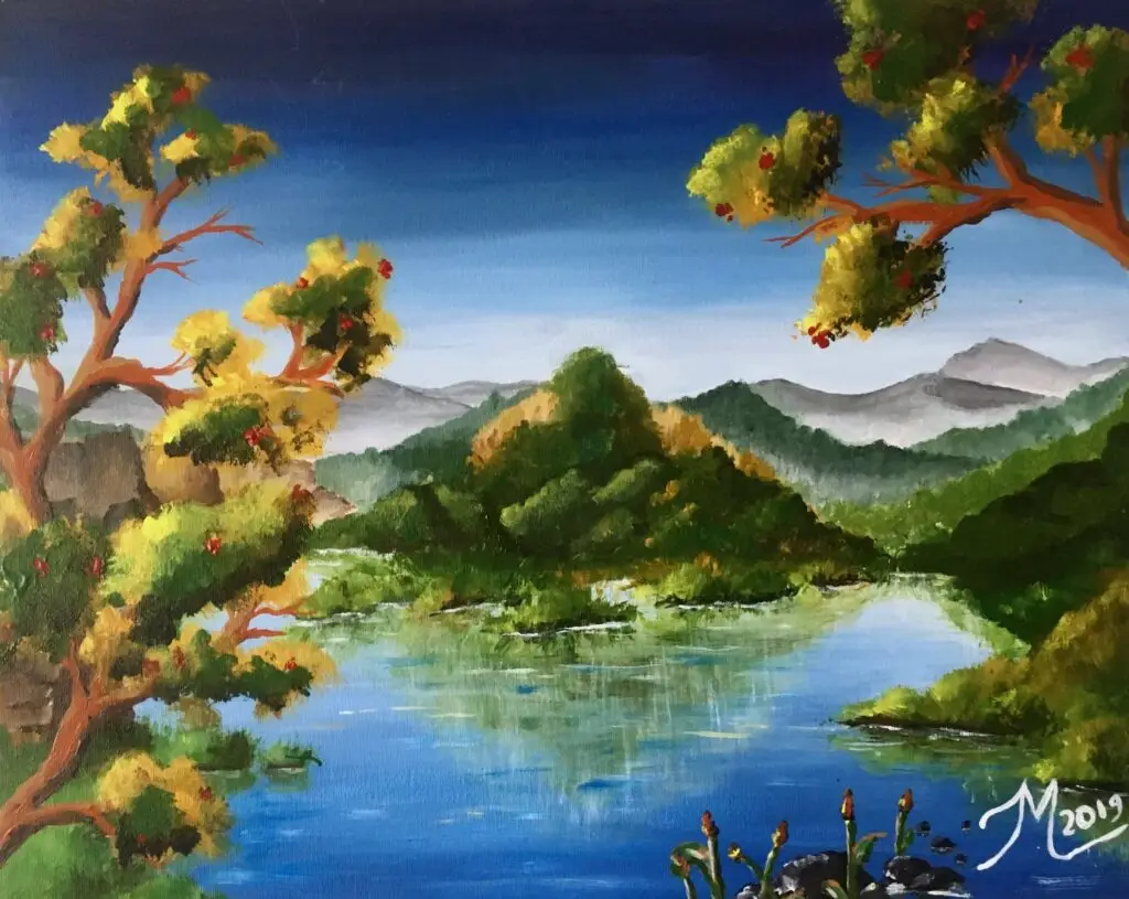 An acrylic painting of a peaceful nature scene featuring a calm blue river surrounded by lush green hills and trees. The trees in the foreground have golden-yellow and green foliage with small red fruits, and their curved branches frame the scene. In the background, misty mountains rise under a clear, deep blue sky. The painting is signed “M 2019” in the bottom right corner.