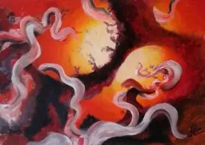 An abstract oil painting filled with intense red, orange, and black tones, evoking the feeling of heat and motion. Two radiant yellow orbs resembling suns or fiery cores glow from the center and right side of the canvas. Curving white and pink ribbon-like shapes dance across the composition, adding dynamic flow and contrast. Dark, textured areas create a sense of depth and shadow, giving the impression of a cosmic or volcanic landscape in motion. The painting is signed in the bottom right corner.