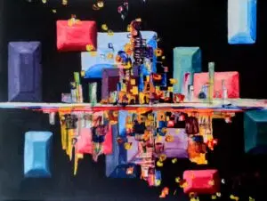 A vibrant abstract cityscape painting with colorful geometric shapes representing buildings against a black background. The city appears to be reflected perfectly below, as if mirrored on a still body of water. Bright reds, blues, purples, and yellows dominate the composition, with scattered yellow squares resembling lights or digital pixels. The style is modern and dynamic, blending cubism with a futuristic vibe. The artwork is signed “I. M. 2016” in red in the bottom right corner.