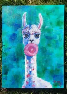 A playful painting of a white llama with colorful tufts of wool blowing a large pink bubblegum bubble, set against a turquoise abstract background.