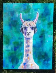 A white llama with orange-tinted bangs wearing black headphones, listening to music against a vibrant teal and green background.