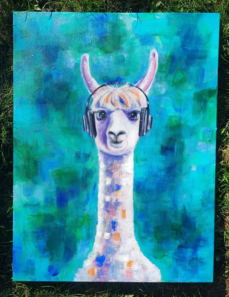 A white llama with orange-tinted bangs wearing black headphones, listening to music against a vibrant teal and green background.