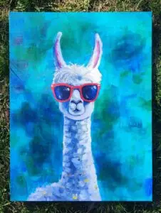 A whimsical painting of a white llama wearing oversized red sunglasses, set against a turquoise and green abstract background.