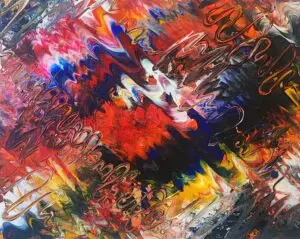 An abstract acrylic painting bursting with vibrant energy and swirling motion. Bold waves of red, blue, orange, yellow, black, and white zigzag across the canvas, creating a sense of dynamic chaos. Layered textures and glossy, serpentine lines snake through the composition, resembling electric currents or sound waves. The energetic brushstrokes and vivid contrasts evoke emotion, movement, and intensity.