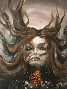 A dramatic oil painting of a haunting female figure with glowing cracks running through her pale face and neck, resembling molten lava beneath the skin. Her long, wild brown hair flows upward and outward like flames or smoke, creating a sense of movement and chaos. Small glowing embers float around her, intensifying the fiery and supernatural atmosphere. Her eyes are dark and piercing, conveying an eerie, powerful presence. The background is muted with smoky tones, emphasizing the fiery details and surreal energy of the portrait. The painting is signed “IM 2020” in the bottom right corner.