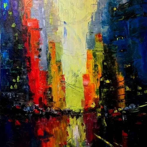 A bold and colorful abstract cityscape painting created with thick, textured brushstrokes. Towering buildings in hues of red, yellow, orange, and blue rise on both sides of a narrow path, which is reflected below as if on a wet street or river. The center glows with light, creating a sense of depth and movement. The piece has an impressionistic, almost dreamlike atmosphere, evoking the feeling of a city at twilight or dawn.