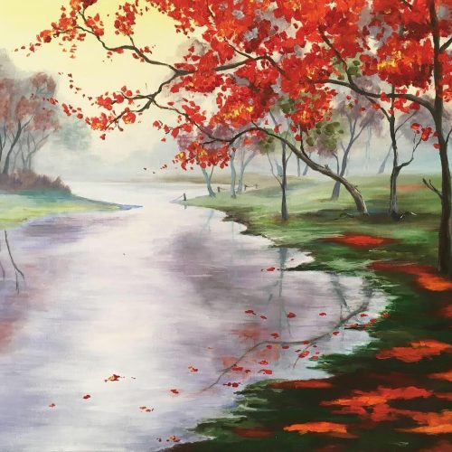 Serene autumn landscape painting of a river reflecting soft morning light, with vibrant red-orange leaves scattered on the ground and trees fading into gentle mist in the distance.
