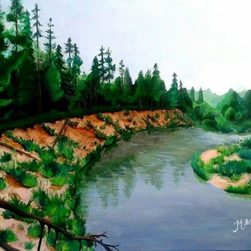 Realistic landscape painting of a quiet river bending through green forested hills, with tall pine trees and sandy riverbanks under a soft, overcast sky.