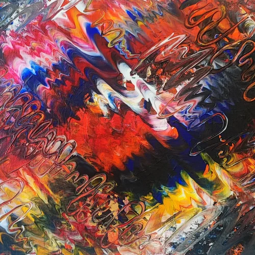 An abstract acrylic painting bursting with vibrant energy and swirling motion. Bold waves of red, blue, orange, yellow, black, and white zigzag across the canvas, creating a sense of dynamic chaos. Layered textures and glossy, serpentine lines snake through the composition, resembling electric currents or sound waves. The energetic brushstrokes and vivid contrasts evoke emotion, movement, and intensity.