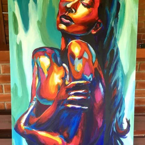 old, colorful portrait painting of a woman embracing herself with eyes closed, her skin glowing in vivid reds, oranges, and blues against a green abstract background—evoking emotion and self-connection.