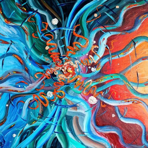 A dynamic abstract painting bursting with energy and movement. Radiating from a vivid central core, bold swirling strokes of red, blue, teal, and orange spiral outward like electric currents or tangled roots. Red coils and textured white blobs punctuate the flow, creating contrast and depth. The right side glows with warm tones, while the left side cools into blues and greens. The artist's signature appears in the bottom right corner, dated 2023