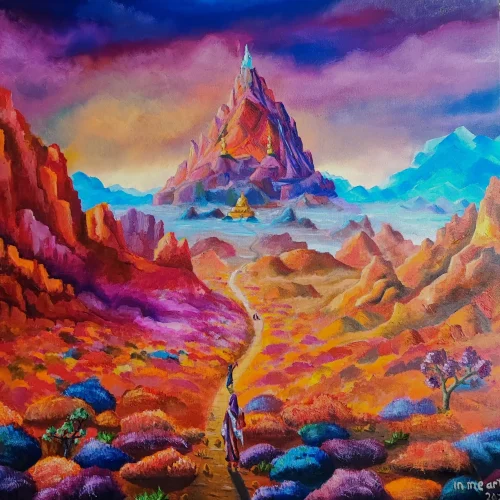 antasy landscape painting of a glowing red mountain with golden temples, surrounded by colorful rocky hills and a vibrant path with small human figures walking toward the peak under a dramatic sky.