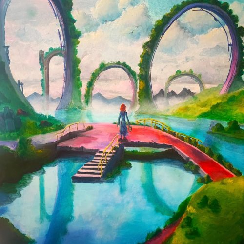 Surreal oil painting of a red-haired figure standing on a vibrant red bridge surrounded by serene waters and distant mountains. Towering circular ruins covered in greenery rise from the misty landscape, creating a dreamy, otherworldly atmosphere. The sky is soft with pastel clouds, and reflections in the water enhance the sense of tranquility and wonder. The figure stands poised at the center, gazing toward the horizon, evoking a sense of journey or self-discovery. Signed 'in me art 2024' in the bottom right corner.